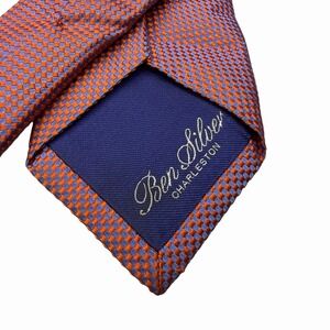 Ben Silver Men's Recent Tie Orange/Blue Textured Silk England 3 1/8" x 60" euc